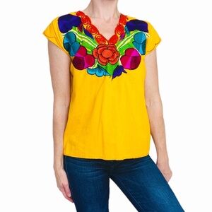 Mexican Yellow Colorful Floral Embroidery Bohemian Blouse